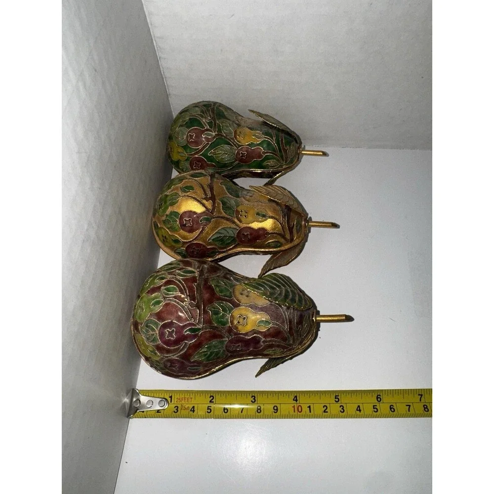 Vintage Cloisonné Pear Trinket Boxes Set of 3 Brass Enamel Lift-Off Lids